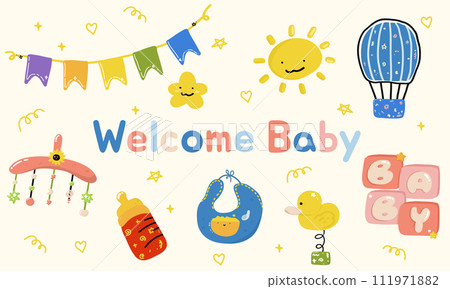 Welcome greeting card for childbirth with adorable baby accessories, welcome the little one into the family. Welcome greeting card for childbirth with adorable baby accessories, welcome the little one into the family. 111971882