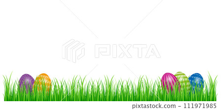 Easter eggs hidden in green grass. Colored Paschal eggs, arranged in a piece of lawn. Symbol for an egg hunt, a treasure hunt played at Easter during which children look for hidden Easter eggs. Vector 111971985