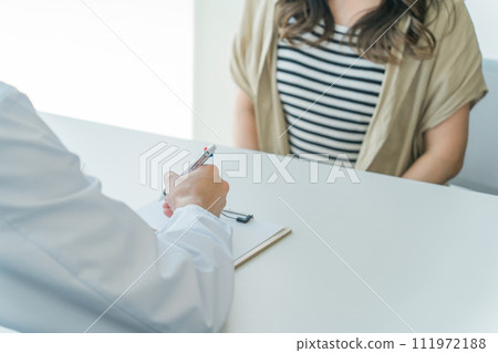 與接受檢查的女性患者交談的醫生/醫生（婦科、性傳染病檢查、性傳染病、墮胎） 111972188