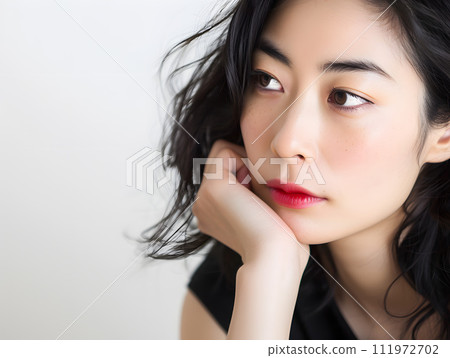 一幅亞洲女性的自然肖像，捕捉瞬間的思考。 111972702