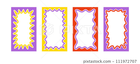 Wave rectangle frame. Doodle scalloped edge border with wavy pattern. Graphic design. Cute curved frame box. Geometric abstract background. Hand drawn vector illustration isolated on white background 111972707