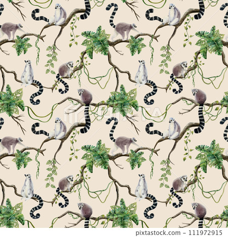 Tropical lemurs on jungle trees with palm leaves and vines watercolor seamless pattern on beige background with Madagascar cute tropical monkeys on branches 111972915