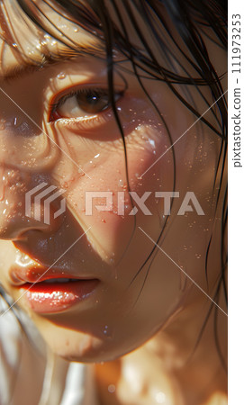 一位亞洲女性在炎熱中出汗時保持美麗的特寫 111973253