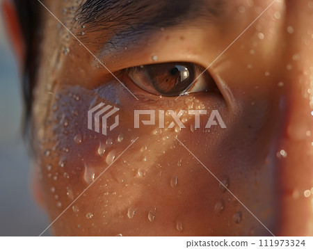 Close-up of a sweaty strong Asian man Close-up of a sweaty strong Asian man 111973324