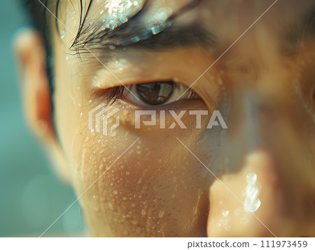 一個滿頭大汗的強壯亞洲男人的特寫 111973459