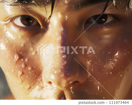 Close-up of a sweaty strong Asian man 111973464