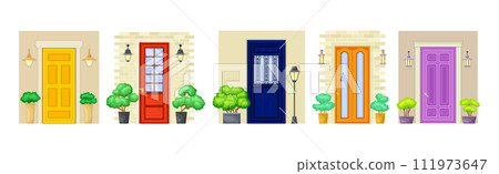Different Door and Building Entry with Lamp and Bush Vector Set 111973647