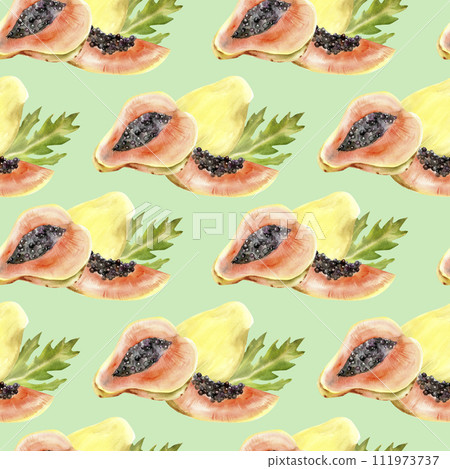 Watercolor tropical papaya fruits seamless pattern on green background. Exotic ripe , summer food illustration. Papaya slices with green leaves for packing, label , logo design 111973737