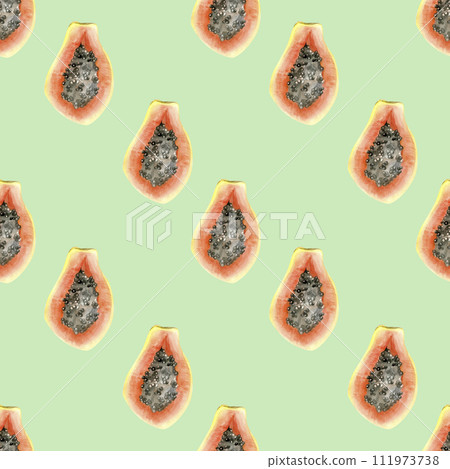Watercolor tropical papaya fruits seamless pattern on green background. Exotic ripe , summer food illustration. Orange fruits for label, logo, packing design Watercolor tropical papaya fruits seamless pattern on green background. Exotic ripe , summer food illustration. Orange fruits for label, logo, packing design 111973738