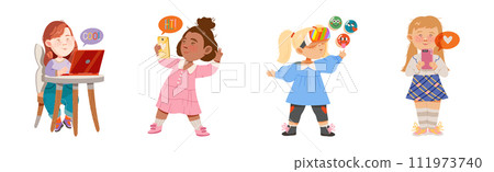 Cute Kids with Modern Gadget and Mobile Device Vector Set 111973740