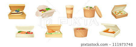 Kraft Paper or Cardboard Eco Package with Food Inside Vector Set Kraft Paper or Cardboard Eco Package with Food Inside Vector Set 111973748
