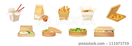 Kraft Paper or Cardboard Eco Package with Food Inside Vector Set Kraft Paper or Cardboard Eco Package with Food Inside Vector Set 111973759