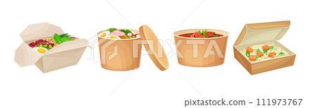 Kraft Paper or Cardboard Eco Package with Food Inside Vector Set Kraft Paper or Cardboard Eco Package with Food Inside Vector Set 111973767