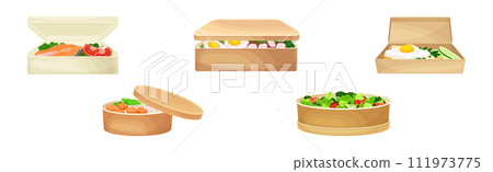 Kraft Paper or Cardboard Eco Package with Food Inside Vector Set 111973775