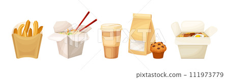 Kraft Paper or Cardboard Eco Package with Food Inside Vector Set Kraft Paper or Cardboard Eco Package with Food Inside Vector Set 111973779