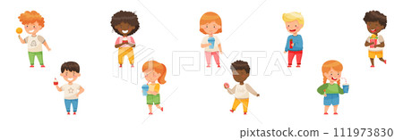Cute Boy and Girl Eating Sweets and Sugary Treats Vector Set Cute Boy and Girl Eating Sweets and Sugary Treats Vector Set 111973830
