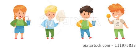 Cute Boy and Girl Eating Sweets and Sugary Treats Vector Set 111973832
