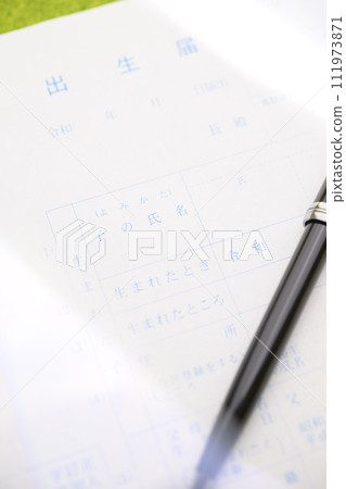 Birth registration (focus on the letters of the child's name) 111973871