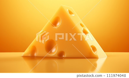 AI-generated content. A perfect triangle of Swiss cheese on a vibrant yellow background, symbolizing freshness and quality, copy space, suitable for dairy product marketing or food packaging. 111974048