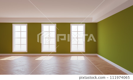 Khaki Interior with a White Ceiling and Cornice, Glossy Herringbone Parquet Floor, Three Large Windows and a White Plinth. Sunny Beautiful Interior. 3D Rendering, 8K Ultra HD, 7680x4320, 300 dpi Khaki Interior with a White Ceiling and Cornice, Glossy Herringbone Parquet Floor, Three Large Windows and a White Plinth. Sunny Beautiful Interior. 3D Rendering, 8K Ultra HD, 7680x4320, 300 dpi 111974065
