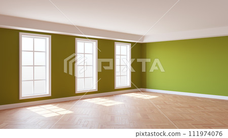 Sunny Interior with Khaki Walls, Three Large Windows, White Ceiling and Cornice, Glossy Herringbone Parquet Flooring and a White Plinth, 3D Rendering. 8K Ultra HD, 7680x4320, 300 dpi 111974076