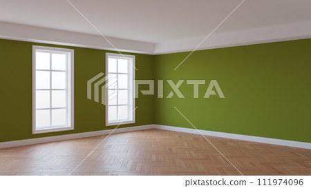 Khaki Interior with a White Ceiling and Cornice, Glossy Herringbone Parquet Floor, Two Large Windows and a White Plinth. Unfurnished Room Concept. 3D Rendering. 8K Ultra HD, 7680x4320, 300 dpi 111974096