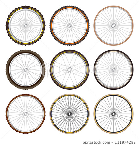 Realistic 3d retro bicycle wheels. Vintage bike rubber tyres, shiny metal spokes and rims. Fitness cycle, touring, sport, road and mountain bike. Vector illustration 111974282