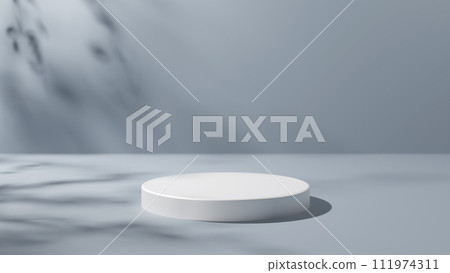 White cylindrical pedestal on a gray background. Shadows of tree leaves. 3D (horizontal) 111974311