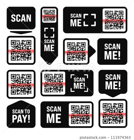 Scan me QR code sticker. Online payment. Special offer sale stickers, shopping discount label or promotional badge. Serial number, product ID. Supermarket retail label, price tag. Vector illustration 111974363