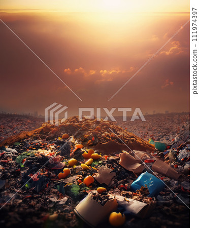 Big landfill with thrown food waste in the dark sunset light. Global hunger issue concept 111974397