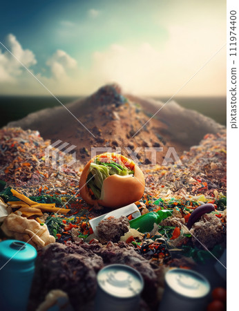 Food waste concept. View to a wasteland with huge heaps of garbage 111974400