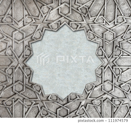 Frame with traditional islamic ornament. Copper window shutter with antique and national moroccan floral pattern. Oriental ornaments with artistic with chasing for brass. Copy space for text 111974579