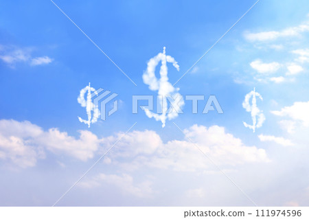 Money making. US dollar signs in the clouds. Clouds shaped as USA dollar currency symbols. Dollar symbol made of cloud. Business, development and prosperity concept 111974596
