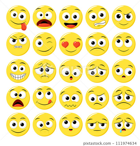 Collection of emoticons with different mood. Set of volumetric cartoon emoji faces in different expressions - happy, sad, cry, fear, crazy. Vector illustration EPS8 Collection of emoticons with different mood. Set of volumetric cartoon emoji faces in different expressions - happy, sad, cry, fear, crazy. Vector illustration EPS8 111974634
