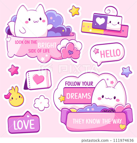 Set of stickers with cat in kawaii style and Inspirational positive quote. Cute eye-catching tag, label collection with cute kitty, bubble speech. Affirmation for kids playroom, nursery. Vector EPS8 Set of stickers with cat in kawaii style and Inspirational positive quote. Cute eye-catching tag, label collection with cute kitty, bubble speech. Affirmation for kids playroom, nursery. Vector EPS8 111974636