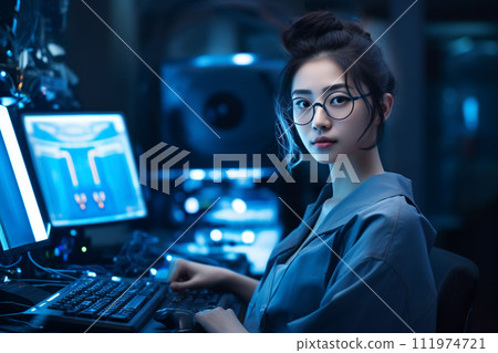 Women conducting research, development, and analysis of cutting-edge technology 111974721