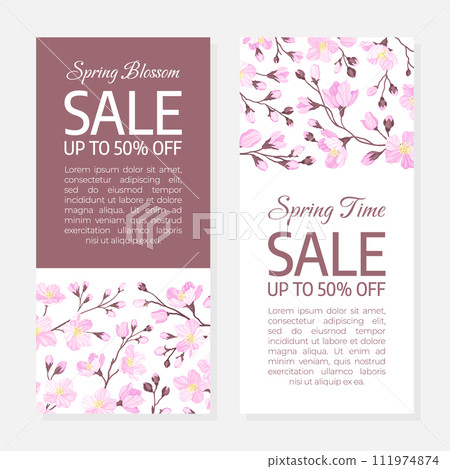 Cherry Blossom Design Banner with Blooming Pink Flower Vector Template 111974874