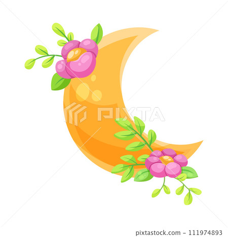 Yellow Crescent as Celestial Body with Flower Adornment Vector Illustration Yellow Crescent as Celestial Body with Flower Adornment Vector Illustration 111974893