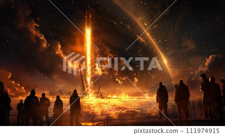 Spectators Gazing At Rocket Launch. Dreams Of Humanity To Reach Beyond Our Planet. AI Generated 111974915