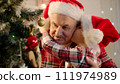 Senior man and his grandson decorating Christmas tree at home 111974989