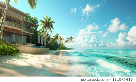 serene beauty of a seaside villa, where azure waves 111975416