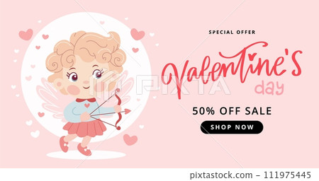 St. Valentine s day sale banner with cute Cupid character, Vector illustration in simple modern style St. Valentine s day sale banner with cute Cupid character, Vector illustration in simple modern style 111975445