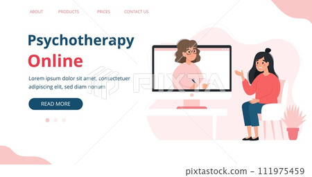 Psychotherapy online - woman talking to psychologist on the screen. Mental health banner or landing page template, vector illustration in flat style 111975459