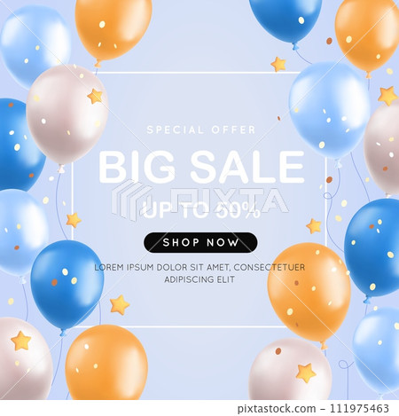 Big sale with 3d balloons, realistic air balloons, stars and confetti. Special offer banner, shop festive concept. Vector illustration 111975463