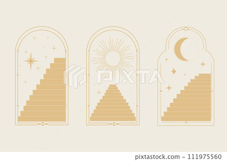 Set arch window line frame celestial, mystic with staircase, astrology symbols moon and sun, line border, minimal tattoo isolated. Esoteric spiritual icon. 111975560