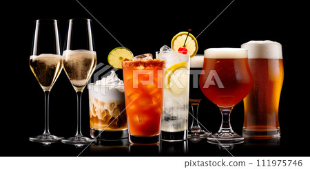 Set and collection of classic alcohol cocktails or mocktail isolated on black background with fresh summer fruits 111975746