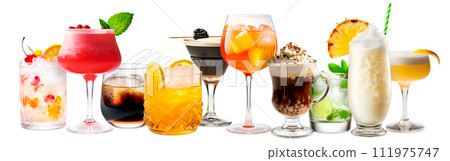 Set and collection of classic alcohol cocktails or mocktail isolated on white background with fresh summer fruits 111975747