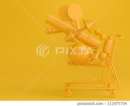 Sport equipment for fitness, gym in shopping cart on monochrome Sport equipment for fitness, gym in shopping cart on monochrome 111975754