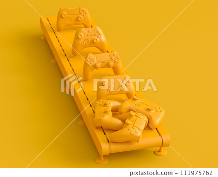 Set of gamer joysticks or gamepads on factory line on monochrome background Set of gamer joysticks or gamepads on factory line on monochrome background 111975762