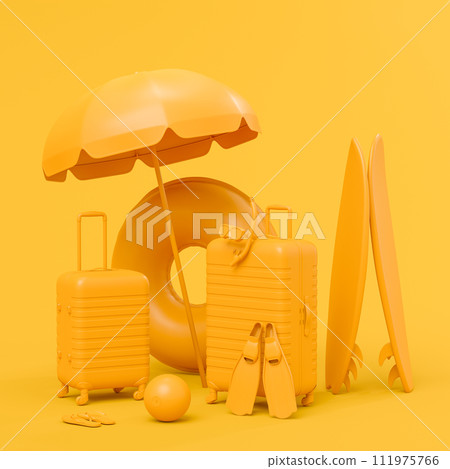 Colorful surfboard, beach ring, umbrellas and lugagge on monochrome 111975766